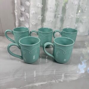 Food Network Fontinella Aqua Stoneware Mugs Set of 5 Embossed Discontinued